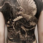 Tattoo by Josh Lin #JoshLin #realismtattoos #hyperrealismtattoos #realism #hyperrealism #realistic #dove #blackandgrey #skull #clock #smoke #surreal #death #time