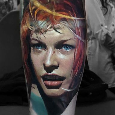Tattoo by Valentina Riabova #ValentinaRiabova #realismtattoos #hyperrealismtattoos #realism #hyperrealism #realistic #thefifthelement #multipass #portrait #girl #lady #babe #color #Leeloo #MillaJovovich
