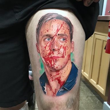 Tattoo by David Corden #DavidCorden #realismtattoos #hyperrealismtattoos #realism #hyperrealism #realistic #Drive #movie #film #moviestill #portrait #blood #RyanGosling
