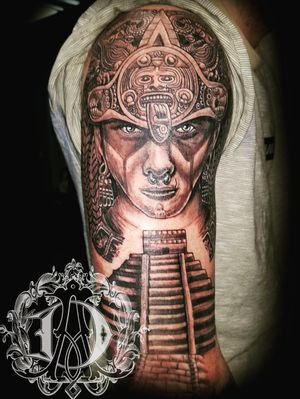 1st session of Aztec half sleeve #tattoodesign #tattoos #tattoomafia #alexdavidsontattoos #design #instagood #instashare #instart #instaink #fkirons #xion #fkironsxion #tattoopen #tattoo #tat #tattooshop #art #shading #eliteneedles #eternalink #dynamicink #aztectattoo #mayan #blackandgreytattoo #pyramid #armtattoo
