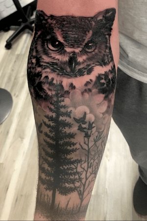Nature half sleeve with trees, birds, clouds, and owl overlooking 