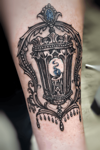 Ornamental gothic lantern, gem tattoo, jewel tattoo, ornamental tattoo