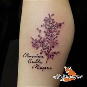 Lilac sprig with a name, done on a calf during my apprenticeship (June 2018). http://nikkifirestarter.com #tattoo #bodyart #bodymod #ink #art #femaleartist #femaletattooist #apprenticetattoo #mnartist #mntattoo #mntattooist #visualart #tattooart #tattoodesign #lilac #lilacsprig #lilactattoo #flower #flowertattoo #floraltattoo #cutetattoo #nametattoo #typography #memorialtattoo