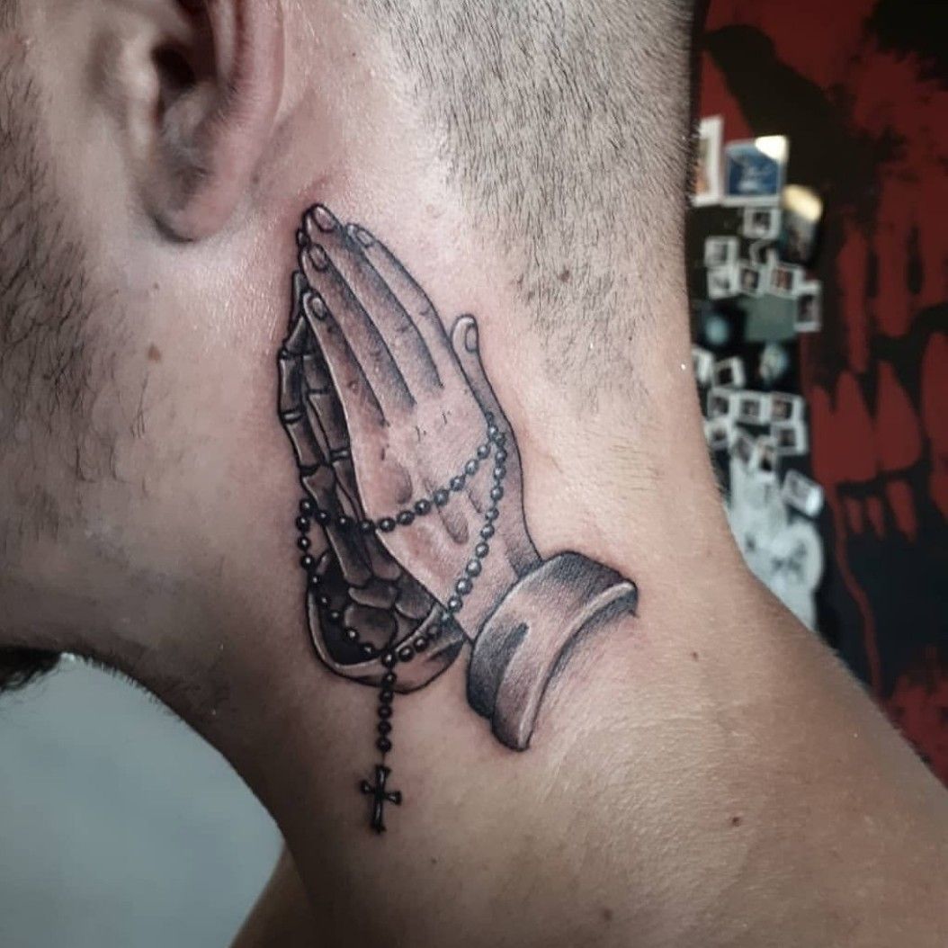 Praying hands  fresh neck tattoo   Tattoo by Regino  Facebook