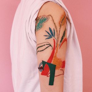 Tattoo by Gong Greem #GongGreem #beautifultattoos #beautiful #abstract #chagall #matisse #fineart #watercolor #linework #shapes #plants #leaves