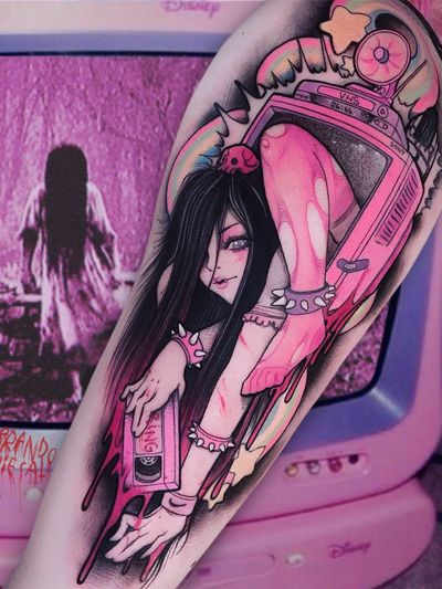 Tattoo by Brando Chiesa #BrandoChiesa #pastelgore #color #anime #manga #Japanese #illustrative #television #demon #skull #babe #girl #yokai