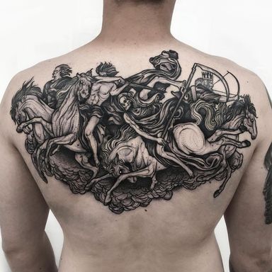 Tattoo by Thomas Bates #ThomasBates #illustrativetattoos #illustative #blackwork #etching #war #horses #skeleton #scythe #king #bowandarrow #legend #backpiece #beautiful #animal #death