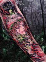 Tattoo by Brando Chiesa #BrandoChiesa #pastelgore #color #anime #manga #Japanese #illustrative #kodama #princessmononoke #wolf #forest #studioghibli