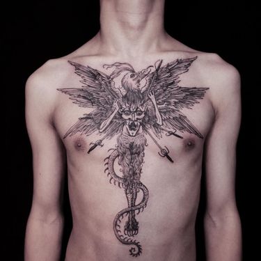 Tattoo by Odd Tattooer #OddTattooer #illustrativetattoos #illustative #blackwork #linework #medieval #demon #sword #wings #feathers #monster #bird #creature