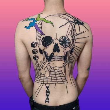 Tattoo by Dase Tattoo #DaseTattoo #Dase #illustrativetattoos #illustative #blackwork #dice #skull #hand #sword #spider #linework