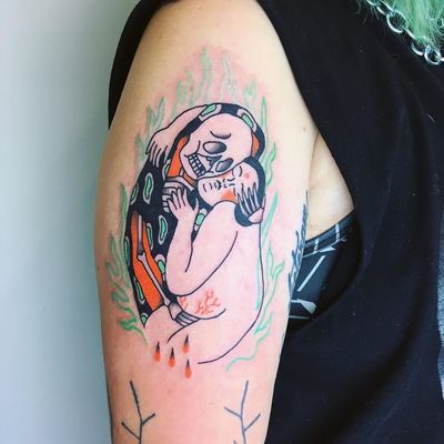 Tattoo by Charline Bataille #CharlineBataille #illustrativetattoos #illustative #skull #skeleton #reaper #lady #portrait #love #fire #blood