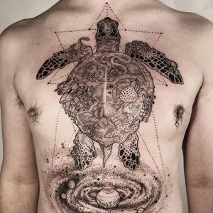 Tattoo by Pony Reinhardt #PonyReinhardt #illustrativetattoos #illustative #blackwork #linework #dotwork #turtle #crab #starfish #barnacle #galaxy #sacredgeometry #shell #coral