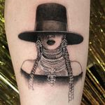 Tattoo by Shannon Perry #ShannonPerry #illustrativetattoos #illustative #realism #Beyonce #singer #musician #jewelry #braid #hat #fashion