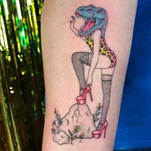 Tattoo by Lolli aka Poodles and Other Dogs #Lolli #poodlesandotherdogs #illustrativetattoos #illustative #dinosaur #pinup #highheels #flower #floral #cheetahprint