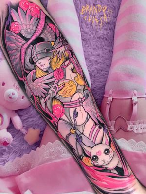 Tattoo by Brando Chiesa #BrandoChiesa #pastelgore #color #anime #manga #Japanese #illustrative #cat #babe #pinup #wings #feathers #lady #legend #myth