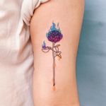 Tattoo by TakeMyMuse #TakeMyMuse #illustrativetattoos #illustative #rose #fire #flower #floral #burning #color #linework