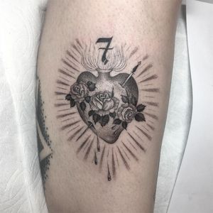 Tattoo by Em Scott #EmScott #illustrativetattoos #illustative #sacredheart #seven #number #rose #flowers #floral #sword #light #blood #fire
