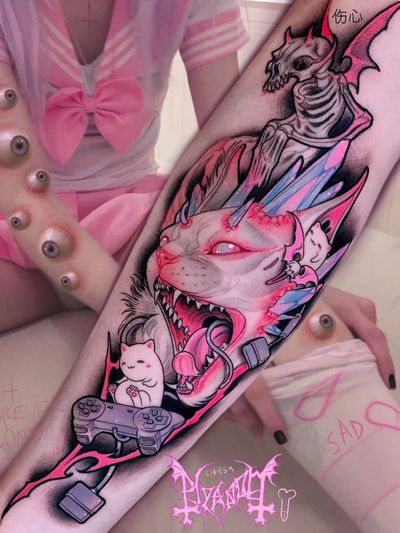 Tattoo by Brando Chiesa #BrandoChiesa #pastelgore #color #anime #manga #Japanese #illustrative #cat #nintendo #demon #crystal #gamer #skeleton #skull #death