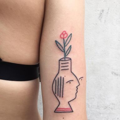 Tattoo by Carlo Amen #CarloAmen #illustrativetattoos #illustative #color #linework #abstract #flower #floral #vase