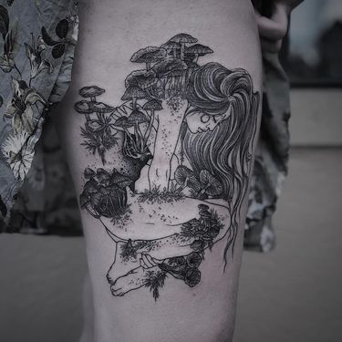 Tattoo by Ruby Wolfe #RubyWolfe #illustrativetattoos #illustative #portrait #lady #mushrooms plants #nature #surreal