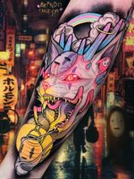 Tattoo by Brando Chiesa #BrandoChiesa #pastelgore #color #anime #manga #Japanese #illustrative #cat #noface #crystals #lantern #monster #studioghibli