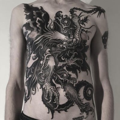 Tattoo by Alexander Grim #AlexanderGrim #illustrativetattoos #illustative #blackwork #dragon #mythicalcreature #fantasy #darkart