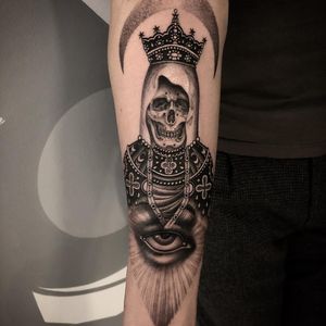 Tattoo by Zac Scheinbaum #ZacScheinbaum #illustrativetattoos #illustative #skull #skeleton #death #eye #illuminati #catholic #moon