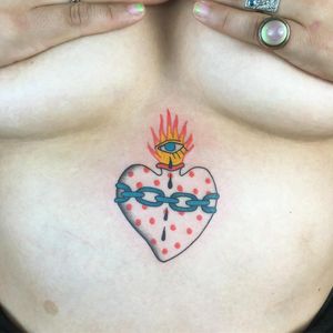 Tattoo by Albie #Albie #Albiemakestattoos #illustrativetattoos #illustative #sacredheart #heart #chain #eye #flower #blood #polkadots #fire