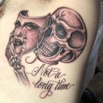 Tattoo by Tamara Santibanez #TamaraSantibanez #illustrativetattoos #illustative #mask #portrait #lady #ladyhead #script #skeleton #skull #death #Chicano