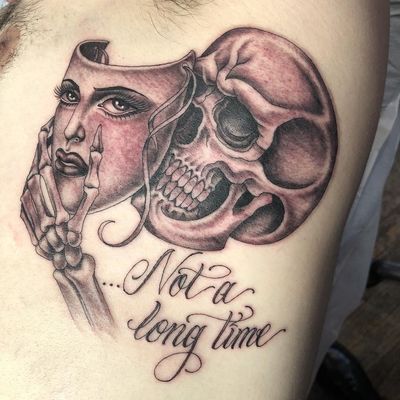 Tattoo by Tamara Santibanez #TamaraSantibanez #illustrativetattoos #illustative #mask #portrait #lady #ladyhead #script #skeleton #skull #death #Chicano