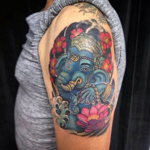 Ganesh tattoo done at Ettore Bechis Tattoo Studio in Miami Beach with tubes and needles by  KingPin Tattoo Supply 