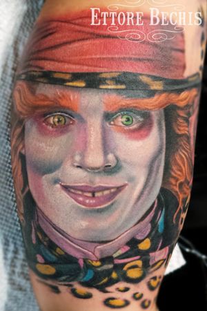 Mad Hatter tattoo portrait done at Ettore Bechis Tattoo Studio in Miami Beach with tubes and needles by  KingPin Tattoo Supply 