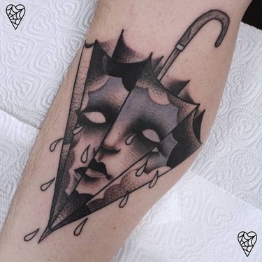 Tattoo by Łukasz Sokołowski #LukaszSokolowski #favoritetattoos #favorite #darkart #umbrella #surreal #portrait #tears #crying #rain #blackandgrey