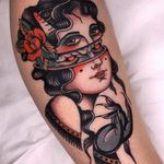 Tattoo by Pablo Lillo #PabloLillo #favoritetattoos #favorite #ladyhead #lady #color #rose #demon #traditional #surreal #hand #devil