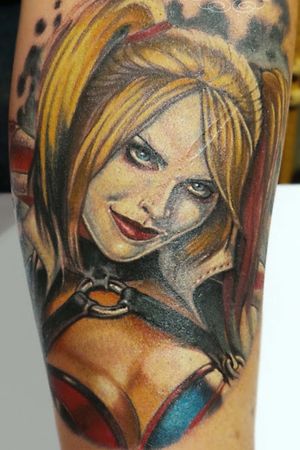 Harley Quinn tattoo portrait done at Ettore Bechis Tattoo Studio in Miami Beach with tubes and needles by  KingPin Tattoo Supply 