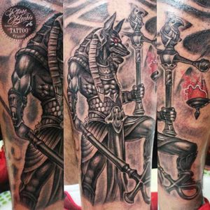 Anubis tattoo done at Ettore Bechis Tattoo Studio in Miami Beach with tubes and needles by  KingPin Tattoo Supply 