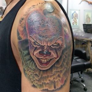 Pennywise tattoo portrait done at Ettore Bechis Tattoo Studio in Miami Beach with tubes and needles by  KingPin Tattoo Supply 