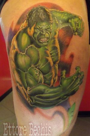 Hulk tattoo tattoo done at Ettore Bechis Tattoo Studio in Miami Beach with tubes and needles by  KingPin Tattoo Supply 