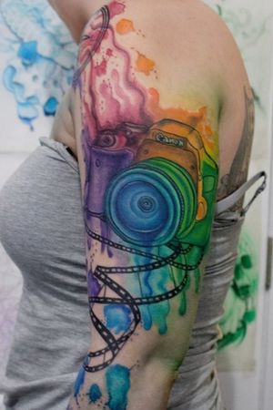 Watercolor Camera Themed Tattoo