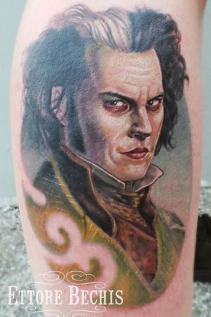 Sweeney Todd tattoo done at Ettore Bechis Tattoo Studio in Miami Beach with tubes and needles by  KingPin Tattoo Supply 