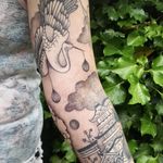Tattoo by Ani des Aubes #AnidesAubes #favoritetattoos #favorite #blackandgrey #crane #lantern #pagoda #architecture #clouds #dotwork #sleeve #Japanese #landscape #sky #bird