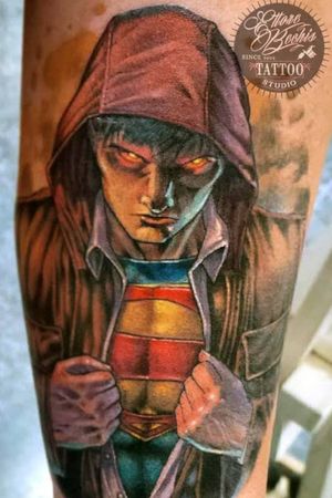 Superman tattoo portrait done at Ettore Bechis Tattoo Studio in Miami Beach with tubes and needles by  KingPin Tattoo Supply 