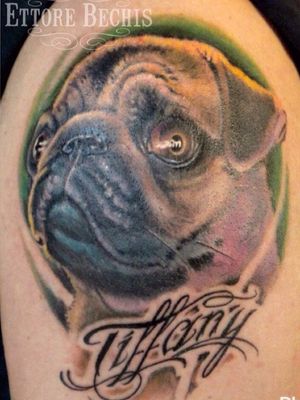 Dog portrait tattoo done at Ettore Bechis Tattoo Studio in Miami Beach with tubes and needles by  KingPin Tattoo Supply 