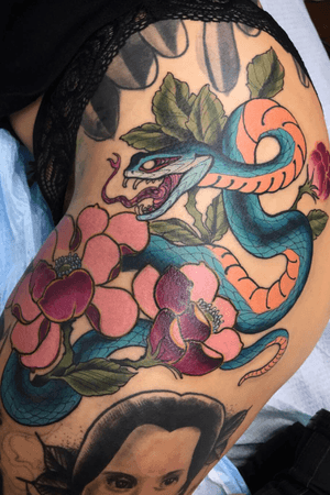  Hebi and peonies by AJ Basilio @creasion on instagram #snaketattoo #snake #peonies #color #losangelestattoo #japanese