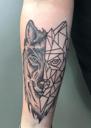 Done by CHAOSSYMETRY #dotwork #symetric #wolf #colour #linework #finelines 