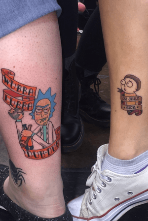 Rick and Morty. #rickandmorty #RickSanchez #MortySmith #bestfriend #coupletattoo #cartoon Artist: Dallas Clifton (left), Timmy Dykes (right)- Smilin’ Rick’s 