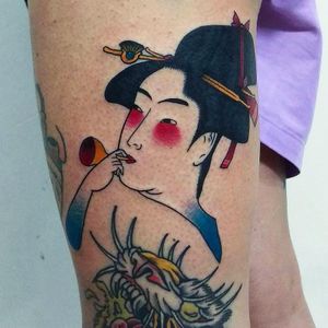 Tattoo by Paul Colli #PaulColli #geishatattoos #geisha #Japanese #ladyhead #portrait #color #illustrative