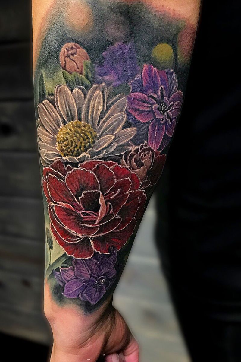 Tattoo uploaded by Scott • Carnations, Larkspur, and Daisies • Tattoodo