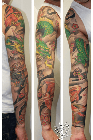 Japanese tattoo. Dragon tattoo. Color tattoo. Koi tattoo