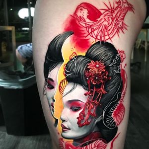 Tattoo collab by Ben Ochoa and DB Kaye #BenKaye #DBKaye #geishatattoos #geisha #Japanese #realism #portrait #flowers #dragon #surreal